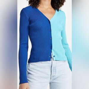 Staud The Cargo Blue Turquoise Colour Block Ribbed Luxury Cardigan Sweater